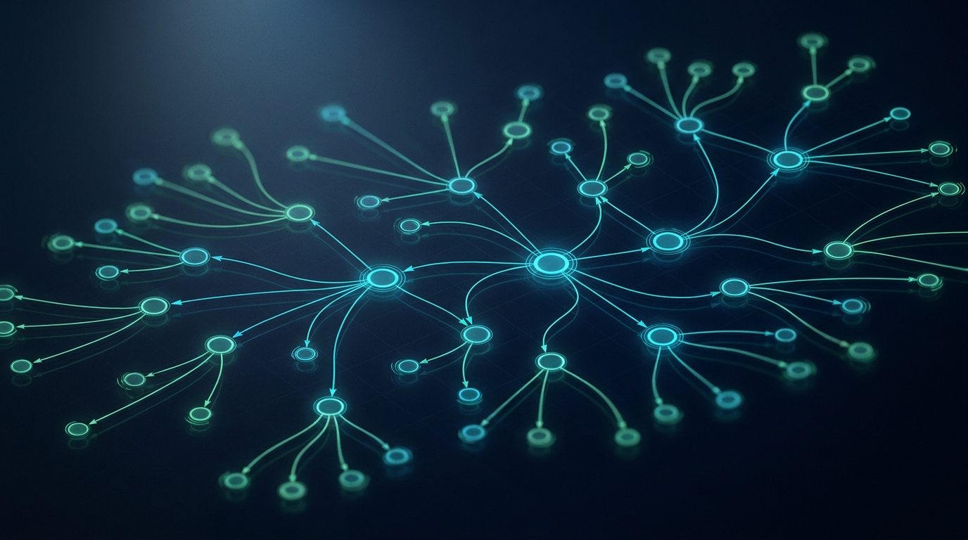 Abstract dark network topology with interconnected nodes suggesting agentic systems infrastructure